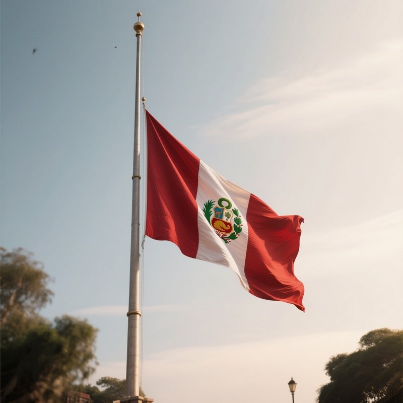 A Photorealistic Scene Of The National Flag Of Peru Flying At Half Mast On A Tall Flagpole, Gently Lowering In The Wind Against A Respectful, Calm Backdrop With Soft Natural Lighting.