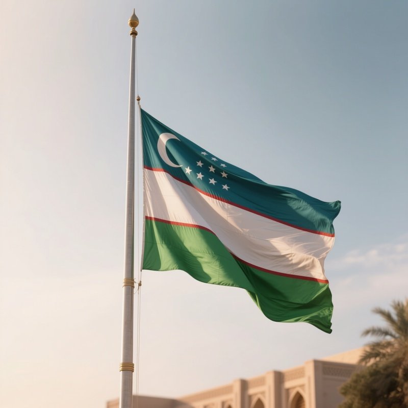 A Photorealistic Scene Of The National Flag Of Uzbekistan Flying At Half Mast On A Tall Flagpole, Gently Lowering In The Wind Against A Respectful, Calm Backdrop With Soft Natural Lighting.