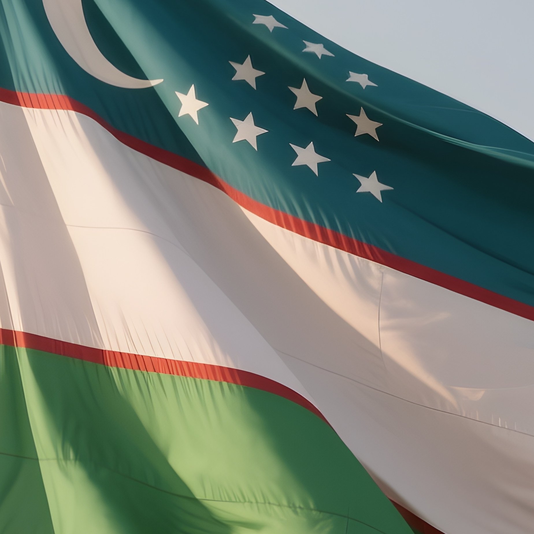 A Photorealistic Scene Of The National Flag Of Uzbekistan Flying At Half Mast On A Tall Flagpole, Gently Lowering In The Wind Against A Respectful, Calm Backdrop With Soft Natural Lighting. - Full Resolution Quality Preview