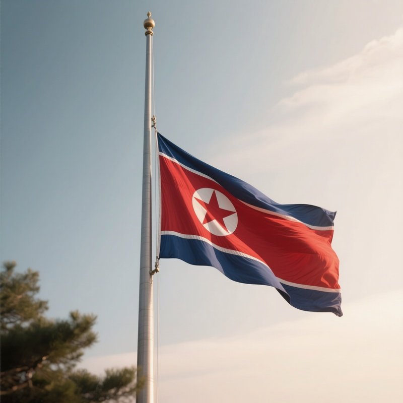 A Photorealistic Scene Of The National Flag Of North Korea Flying At Half Mast On A Tall Flagpole, Gently Lowering In The Wind Against A Respectful, Calm Backdrop With Soft Natural Lighting.