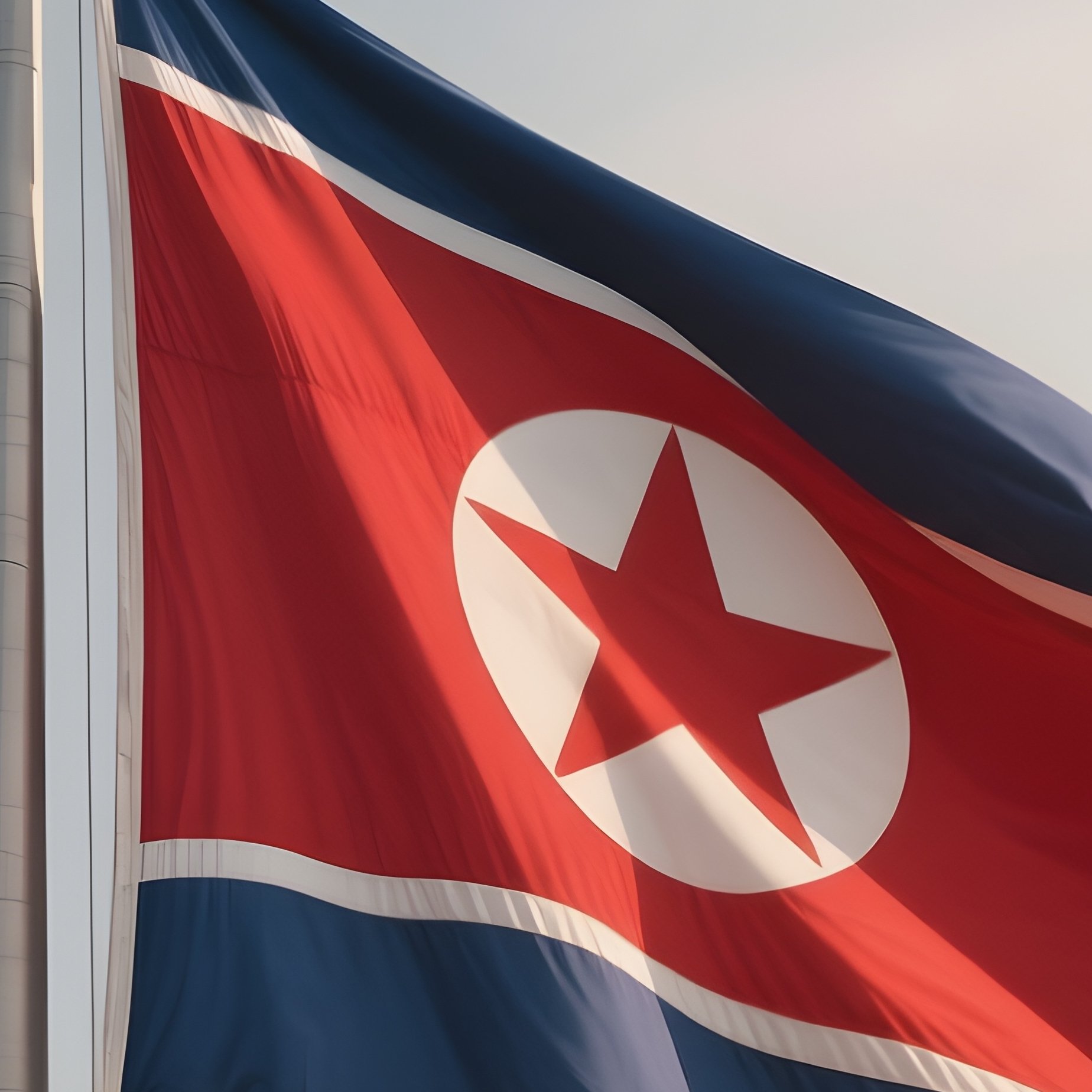 A Photorealistic Scene Of The National Flag Of North Korea Flying At Half Mast On A Tall Flagpole, Gently Lowering In The Wind Against A Respectful, Calm Backdrop With Soft Natural Lighting. - Full Resolution Quality Preview