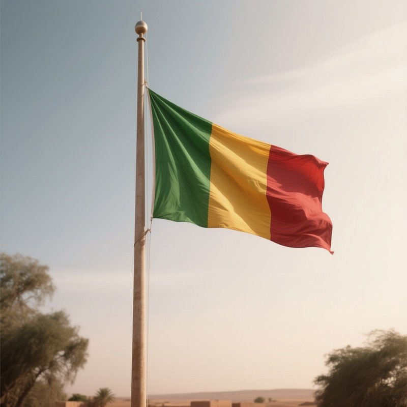 A Photorealistic Scene Of The National Flag Of Mali Flying At Half Mast On A Tall Flagpole, Gently Lowering In The Wind Against A Respectful, Calm Backdrop With Soft Natural Lighting.