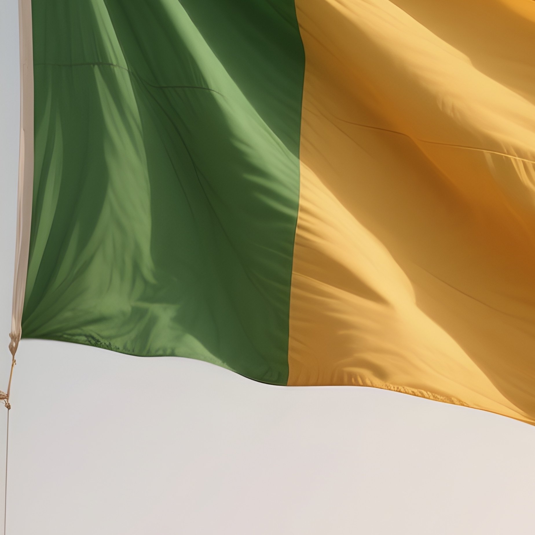 A Photorealistic Scene Of The National Flag Of Mali Flying At Half Mast On A Tall Flagpole, Gently Lowering In The Wind Against A Respectful, Calm Backdrop With Soft Natural Lighting. - Full Resolution Quality Preview