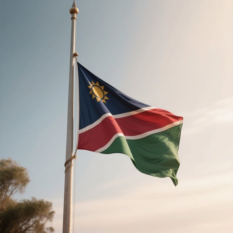 A Photorealistic Scene Of The National Flag Of Namibia Flying At Half Mast On A Tall Flagpole, Gently Lowering In The Wind Against A Respectful, Calm Backdrop With Soft Natural Lighting.