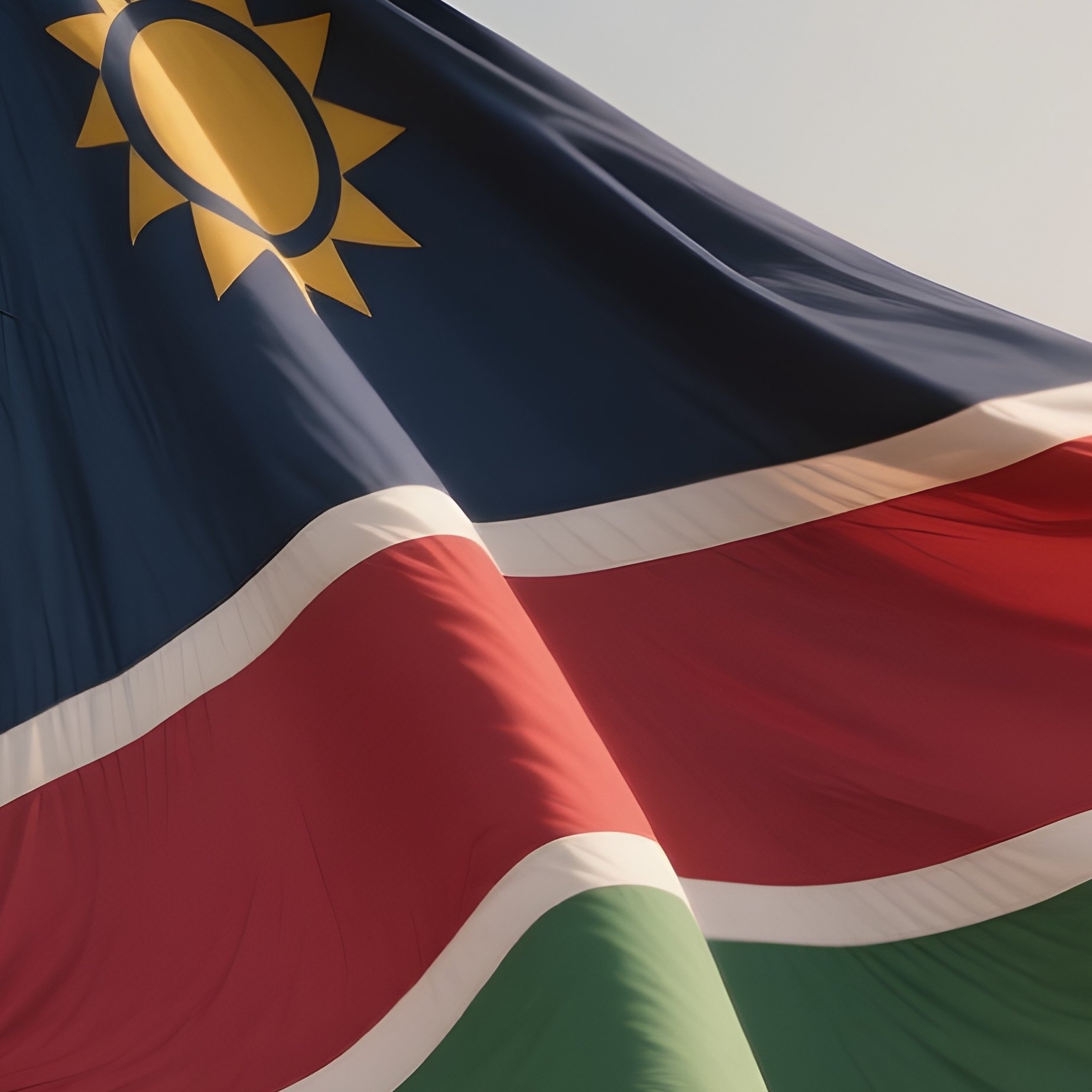 A Photorealistic Scene Of The National Flag Of Namibia Flying At Half Mast On A Tall Flagpole, Gently Lowering In The Wind Against A Respectful, Calm Backdrop With Soft Natural Lighting. - Full Resolution Quality Preview