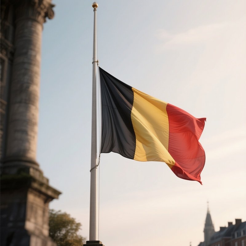 A Photorealistic Scene Of The National Flag Of Belgium Flying At Half Mast On A Tall Flagpole, Gently Lowering In The Wind Against A Respectful, Calm Backdrop With Soft Natural Lighting.