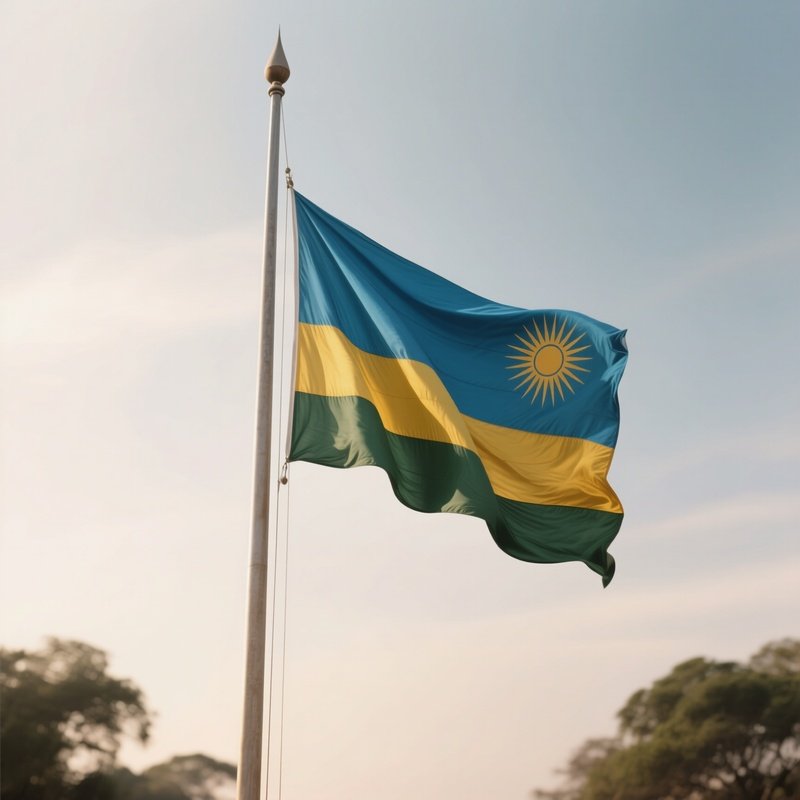 A Photorealistic Scene Of The National Flag Of Rwanda Flying At Half Mast On A Tall Flagpole, Gently Lowering In The Wind Against A Respectful, Calm Backdrop With Soft Natural Lighting.