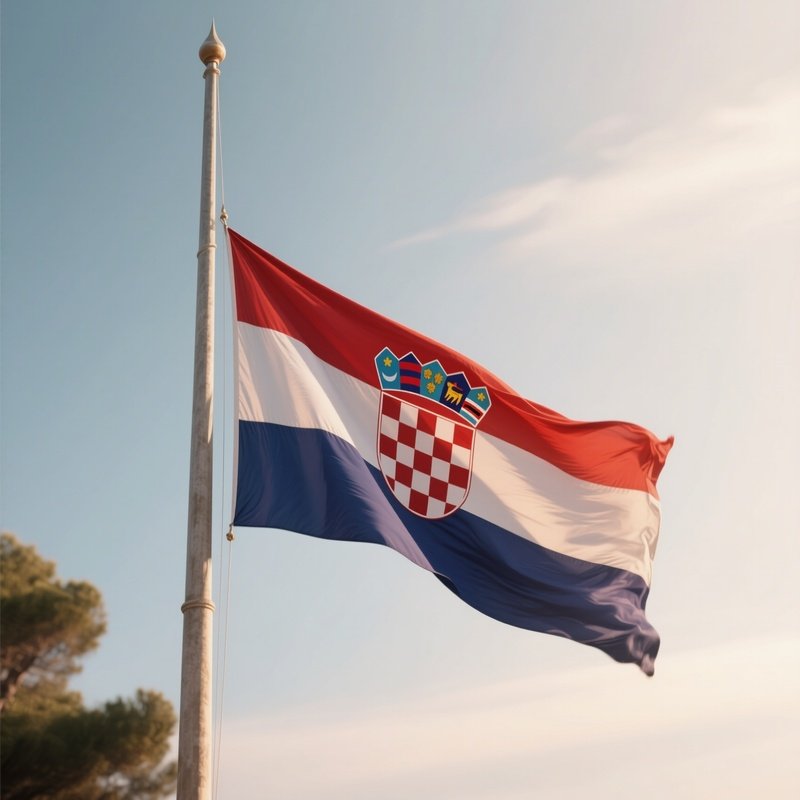 A Photorealistic Scene Of The National Flag Of Croatia Flying At Half Mast On A Tall Flagpole, Gently Lowering In The Wind Against A Respectful, Calm Backdrop With Soft Natural Lighting.