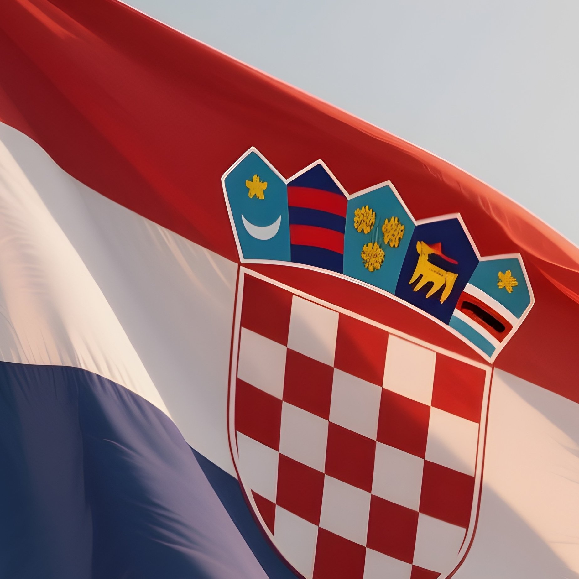 A Photorealistic Scene Of The National Flag Of Croatia Flying At Half Mast On A Tall Flagpole, Gently Lowering In The Wind Against A Respectful, Calm Backdrop With Soft Natural Lighting. - Full Resolution Quality Preview