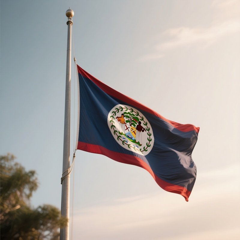 A Photorealistic Scene Of The National Flag Of Belize Flying At Half Mast On A Tall Flagpole, Gently Lowering In The Wind Against A Respectful, Calm Backdrop With Soft Natural Lighting.
