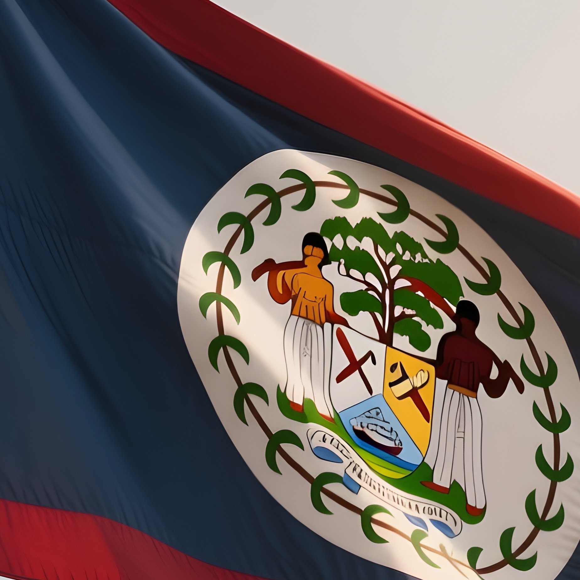 A Photorealistic Scene Of The National Flag Of Belize Flying At Half Mast On A Tall Flagpole, Gently Lowering In The Wind Against A Respectful, Calm Backdrop With Soft Natural Lighting. - Full Resolution Quality Preview