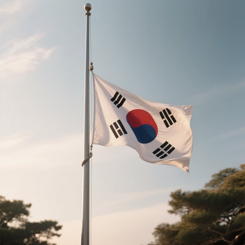 A Photorealistic Scene Of The National Flag Of South Korea Flying At Half Mast On A Tall Flagpole, Gently Lowering In The Wind Against A Respectful, Calm Backdrop With Soft Natural Lighting.