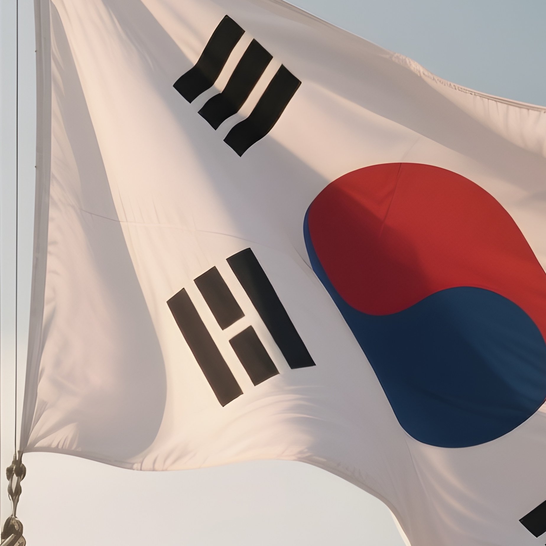 A Photorealistic Scene Of The National Flag Of South Korea Flying At Half Mast On A Tall Flagpole, Gently Lowering In The Wind Against A Respectful, Calm Backdrop With Soft Natural Lighting. - Full Resolution Quality Preview