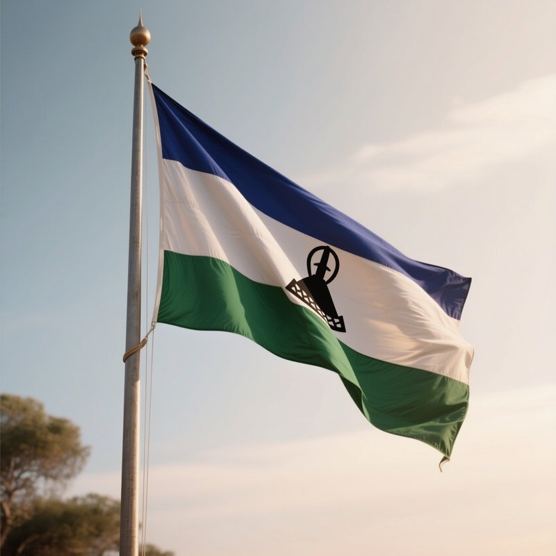 A Photorealistic Scene Of The National Flag Of Lesotho Flying At Half Mast On A Tall Flagpole, Gently Lowering In The Wind Against A Respectful, Calm Backdrop With Soft Natural Lighting.