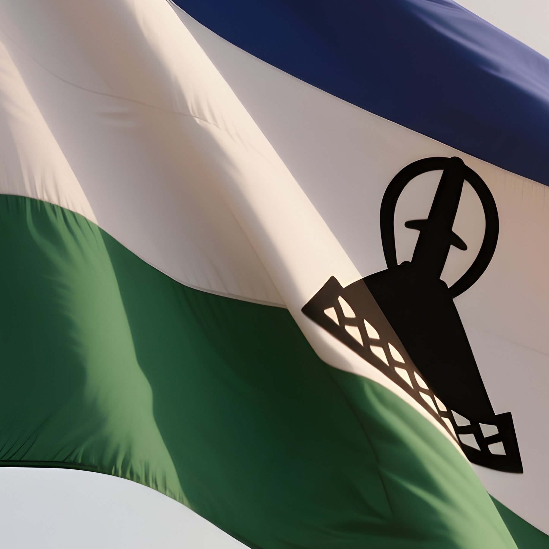 A Photorealistic Scene Of The National Flag Of Lesotho Flying At Half Mast On A Tall Flagpole, Gently Lowering In The Wind Against A Respectful, Calm Backdrop With Soft Natural Lighting. - Full Resolution Quality Preview
