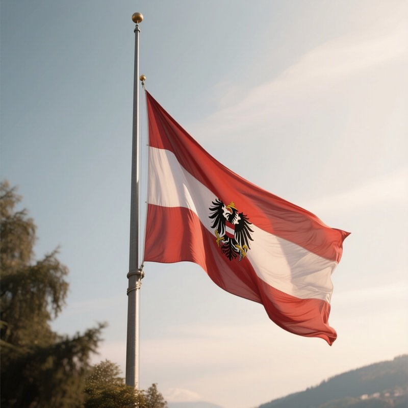 A Photorealistic Scene Of The National Flag Of Austria Flying At Half Mast On A Tall Flagpole, Gently Lowering In The Wind Against A Respectful, Calm Backdrop With Soft Natural Lighting.