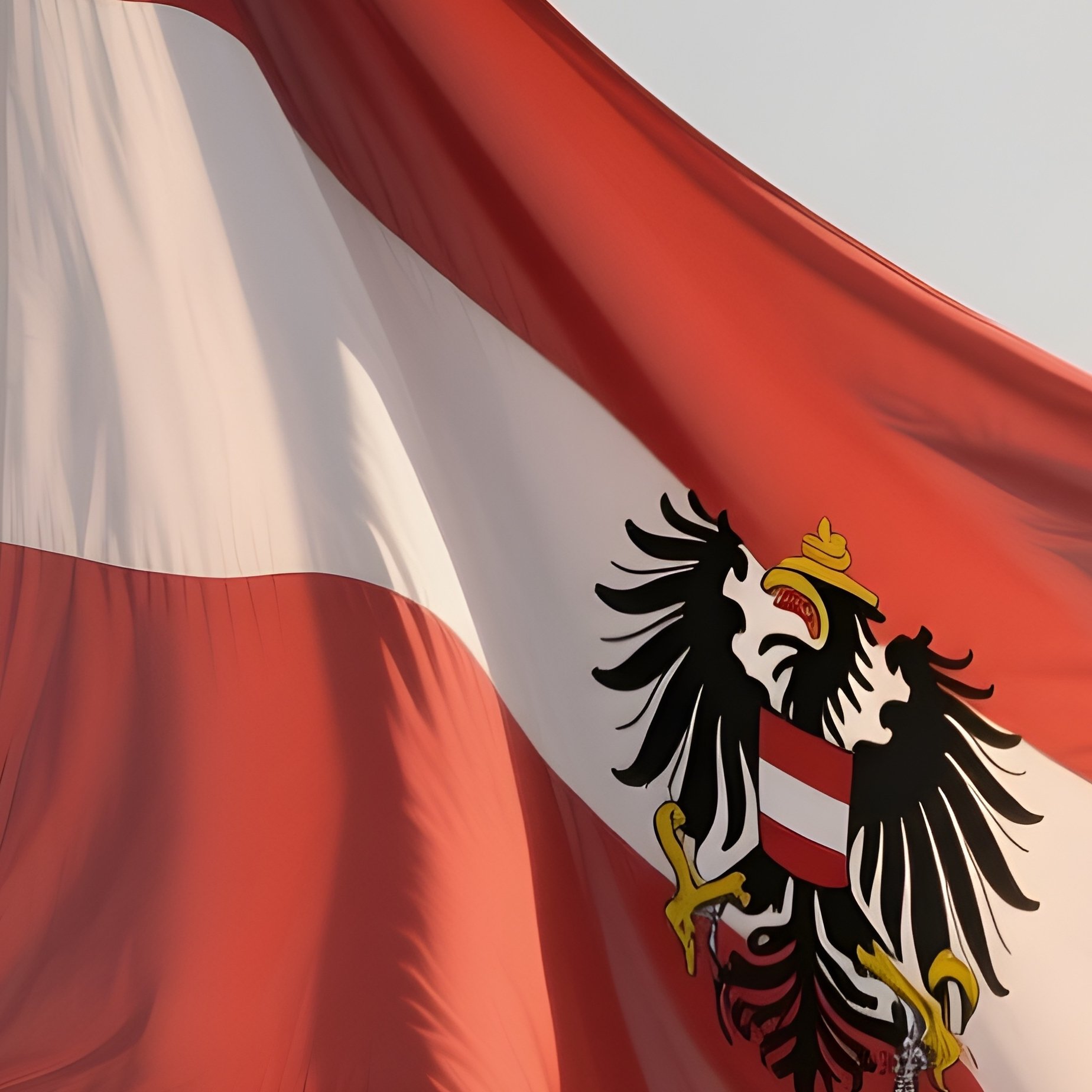 A Photorealistic Scene Of The National Flag Of Austria Flying At Half Mast On A Tall Flagpole, Gently Lowering In The Wind Against A Respectful, Calm Backdrop With Soft Natural Lighting. - Full Resolution Quality Preview