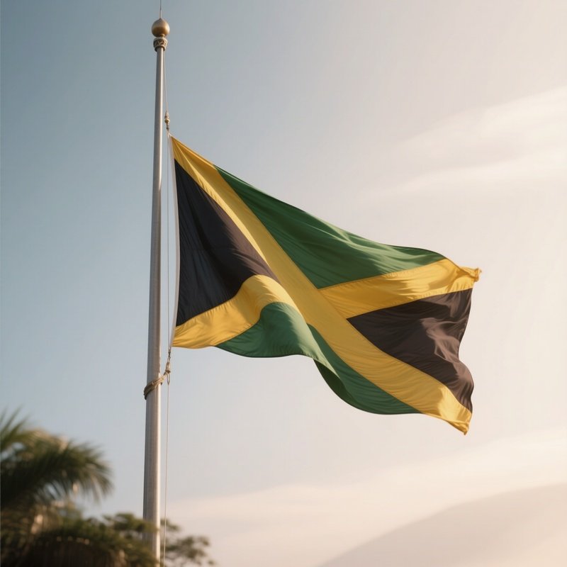A Photorealistic Scene Of The National Flag Of Jamaica Flying At Half Mast On A Tall Flagpole, Gently Lowering In The Wind Against A Respectful, Calm Backdrop With Soft Natural Lighting.