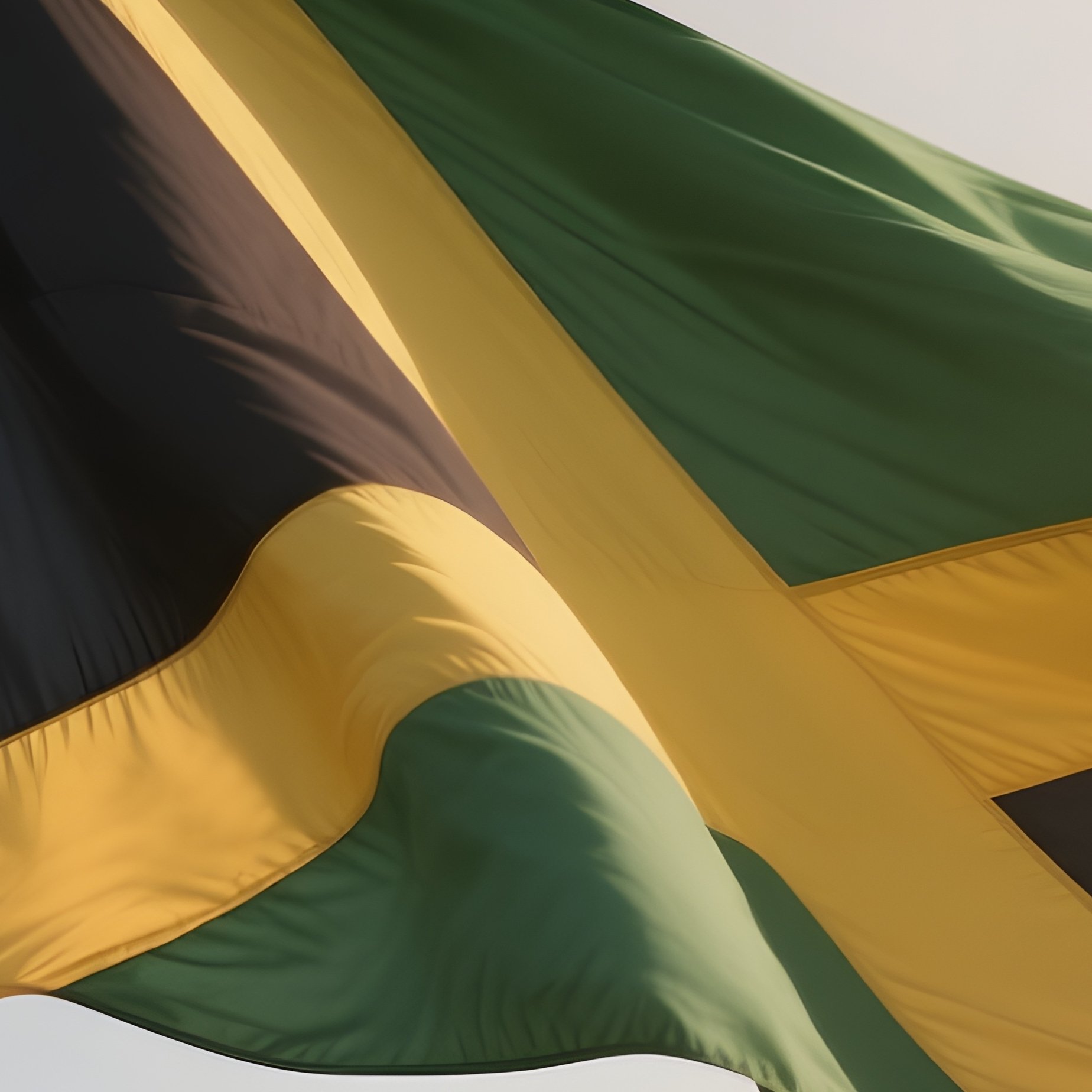 A Photorealistic Scene Of The National Flag Of Jamaica Flying At Half Mast On A Tall Flagpole, Gently Lowering In The Wind Against A Respectful, Calm Backdrop With Soft Natural Lighting. - Full Resolution Quality Preview