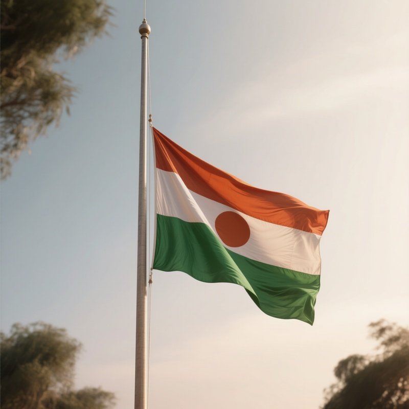A Photorealistic Scene Of The National Flag Of Niger Flying At Half Mast On A Tall Flagpole, Gently Lowering In The Wind Against A Respectful, Calm Backdrop With Soft Natural Lighting.