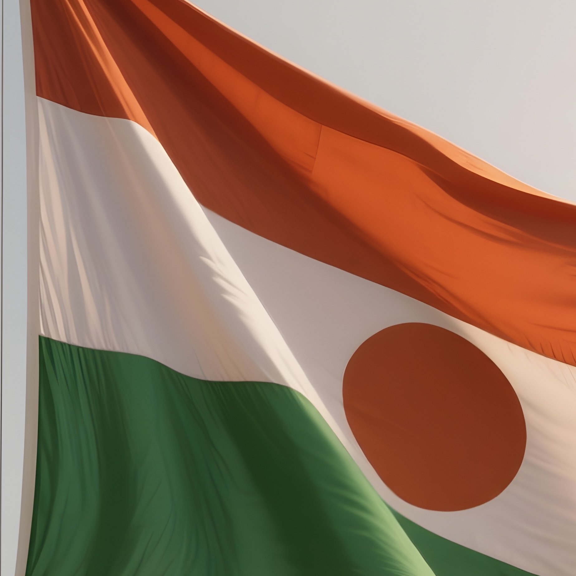 A Photorealistic Scene Of The National Flag Of Niger Flying At Half Mast On A Tall Flagpole, Gently Lowering In The Wind Against A Respectful, Calm Backdrop With Soft Natural Lighting. - Full Resolution Quality Preview