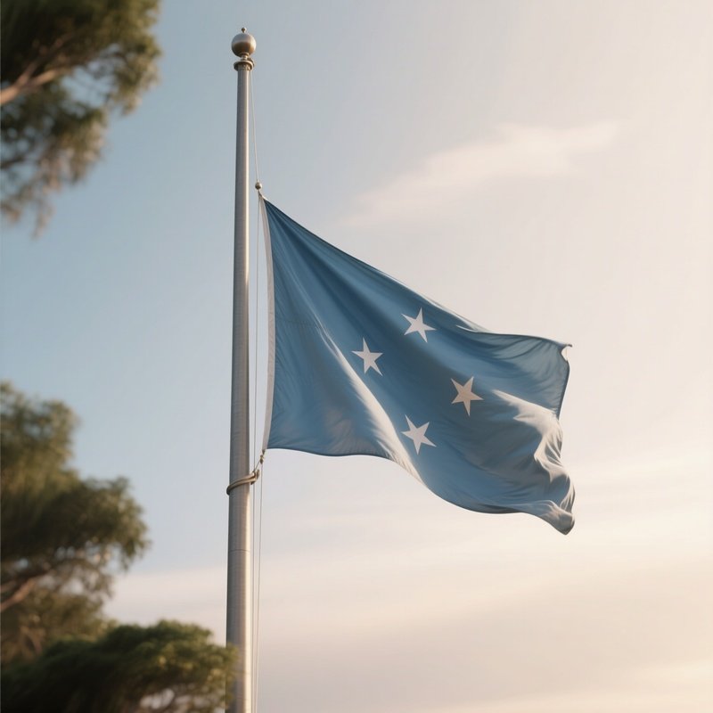 A Photorealistic Scene Of The National Flag Of Micronesia Flying At Half Mast On A Tall Flagpole, Gently Lowering In The Wind Against A Respectful, Calm Backdrop With Soft Natural Lighting.