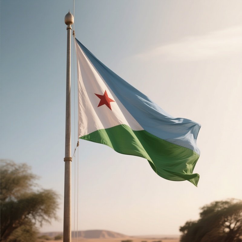 A Photorealistic Scene Of The National Flag Of Djibouti Flying At Half Mast On A Tall Flagpole, Gently Lowering In The Wind Against A Respectful, Calm Backdrop With Soft Natural Lighting.