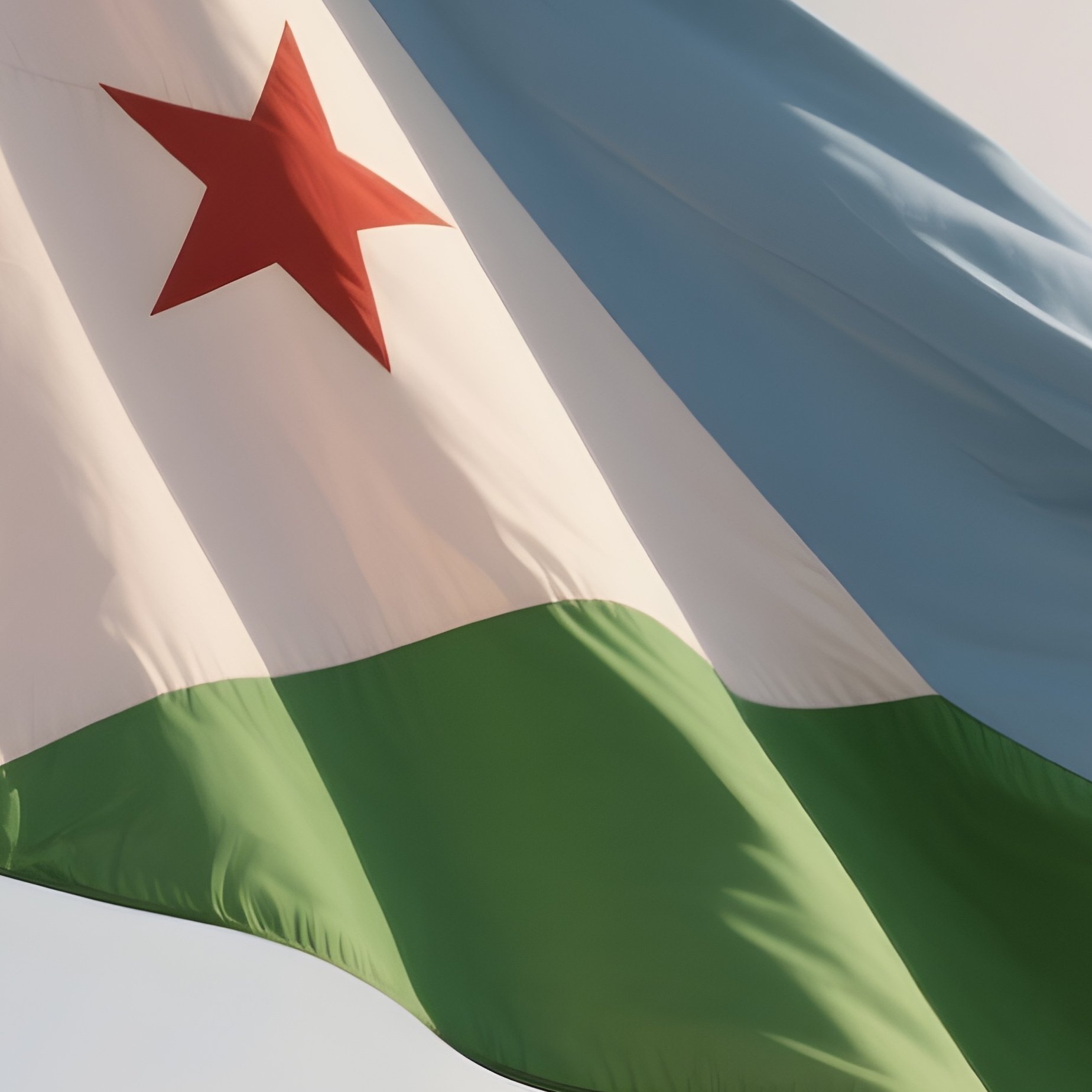 A Photorealistic Scene Of The National Flag Of Djibouti Flying At Half Mast On A Tall Flagpole, Gently Lowering In The Wind Against A Respectful, Calm Backdrop With Soft Natural Lighting. - Full Resolution Quality Preview