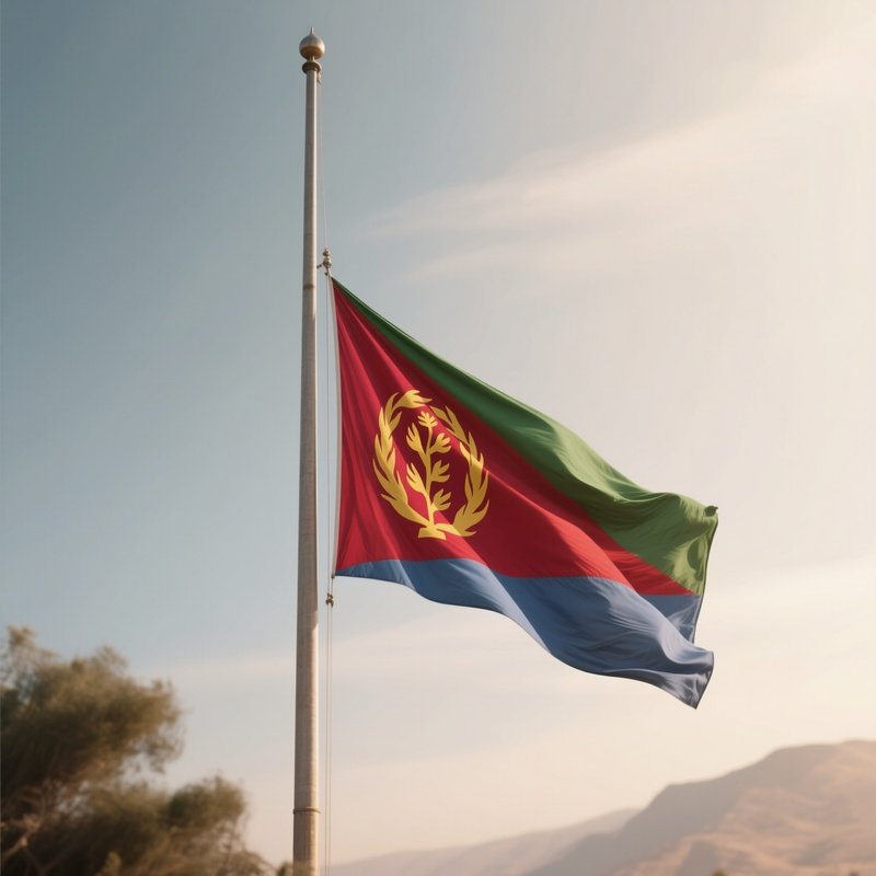 A Photorealistic Scene Of The National Flag Of Eritrea Flying At Half Mast On A Tall Flagpole, Gently Lowering In The Wind Against A Respectful, Calm Backdrop With Soft Natural Lighting.