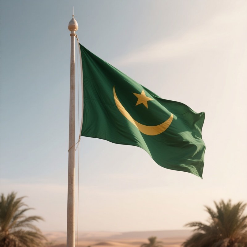 A Photorealistic Scene Of The National Flag Of Mauritania Flying At Half Mast On A Tall Flagpole, Gently Lowering In The Wind Against A Respectful, Calm Backdrop With Soft Natural Lighting.