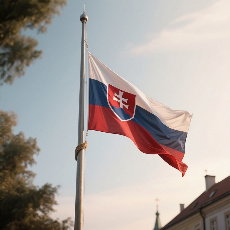A Photorealistic Scene Of The National Flag Of Slovakia Flying At Half Mast On A Tall Flagpole, Gently Lowering In The Wind Against A Respectful, Calm Backdrop With Soft Natural Lighting.