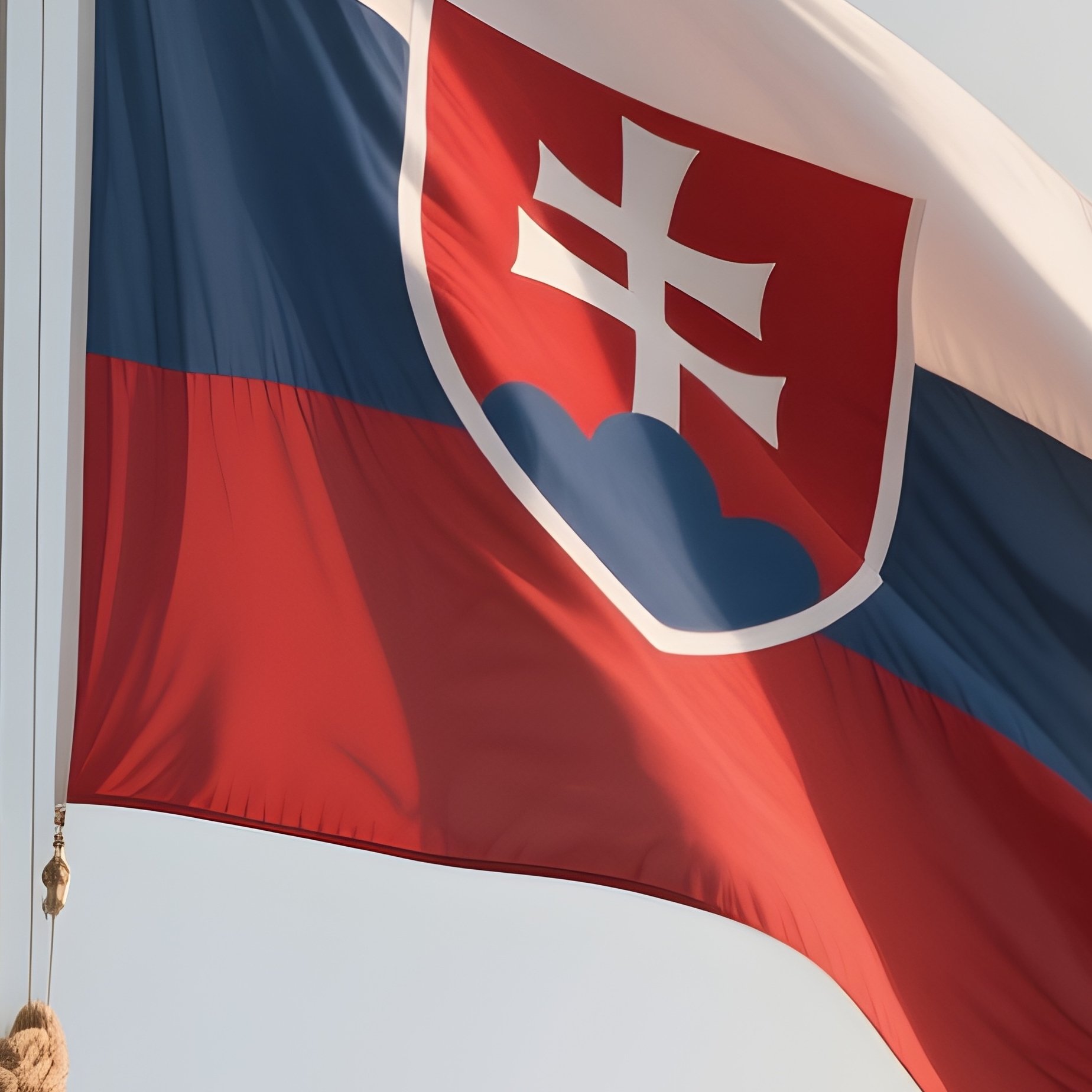 A Photorealistic Scene Of The National Flag Of Slovakia Flying At Half Mast On A Tall Flagpole, Gently Lowering In The Wind Against A Respectful, Calm Backdrop With Soft Natural Lighting. - Full Resolution Quality Preview