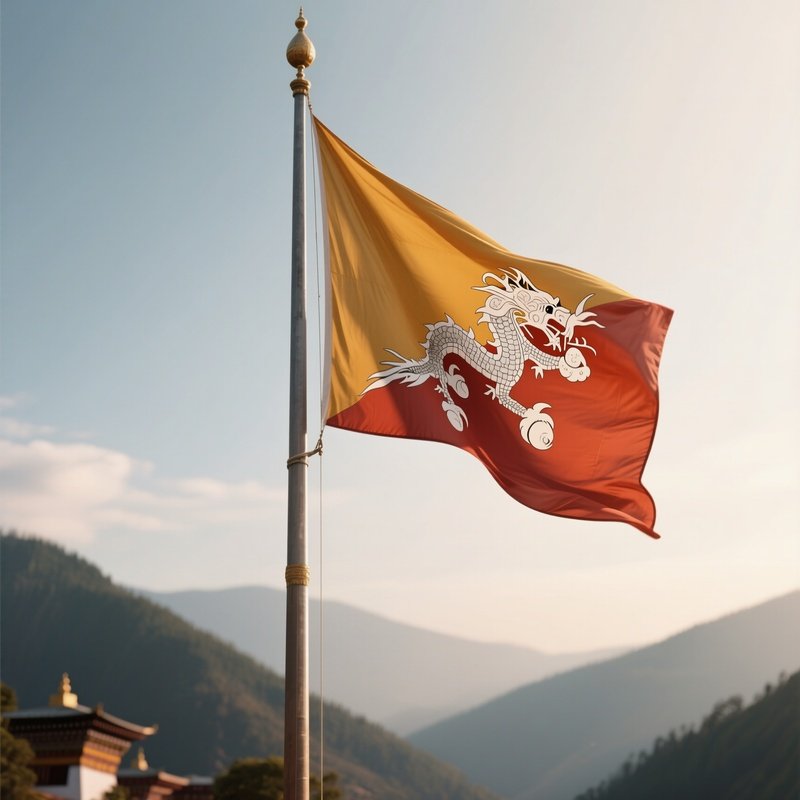 A Photorealistic Scene Of The National Flag Of Bhutan Flying At Half Mast On A Tall Flagpole, Gently Lowering In The Wind Against A Respectful, Calm Backdrop With Soft Natural Lighting.