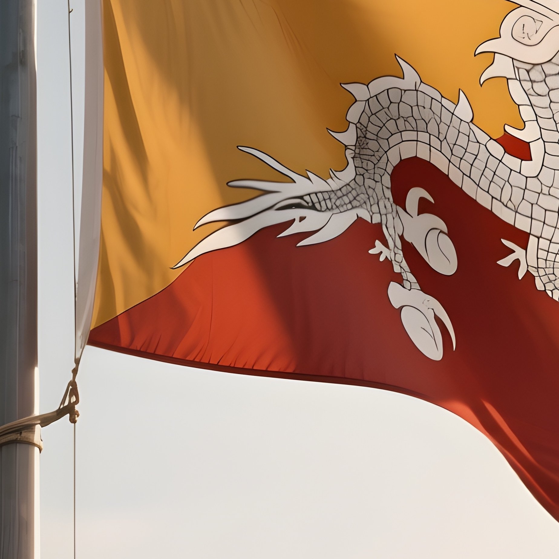 A Photorealistic Scene Of The National Flag Of Bhutan Flying At Half Mast On A Tall Flagpole, Gently Lowering In The Wind Against A Respectful, Calm Backdrop With Soft Natural Lighting. - Full Resolution Quality Preview