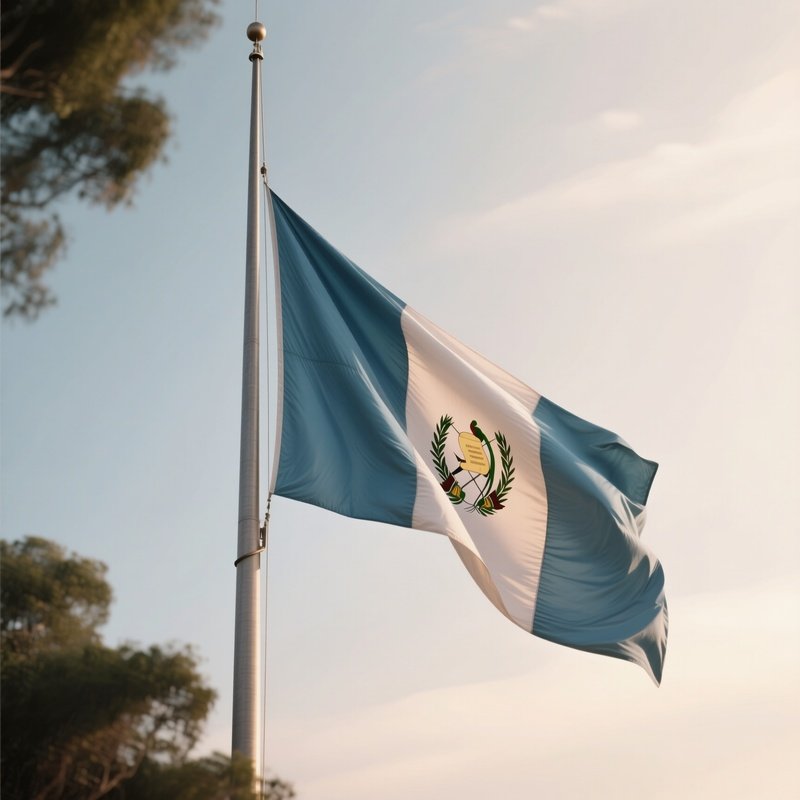 A Photorealistic Scene Of The National Flag Of Guatemala Flying At Half Mast On A Tall Flagpole, Gently Lowering In The Wind Against A Respectful, Calm Backdrop With Soft Natural Lighting.