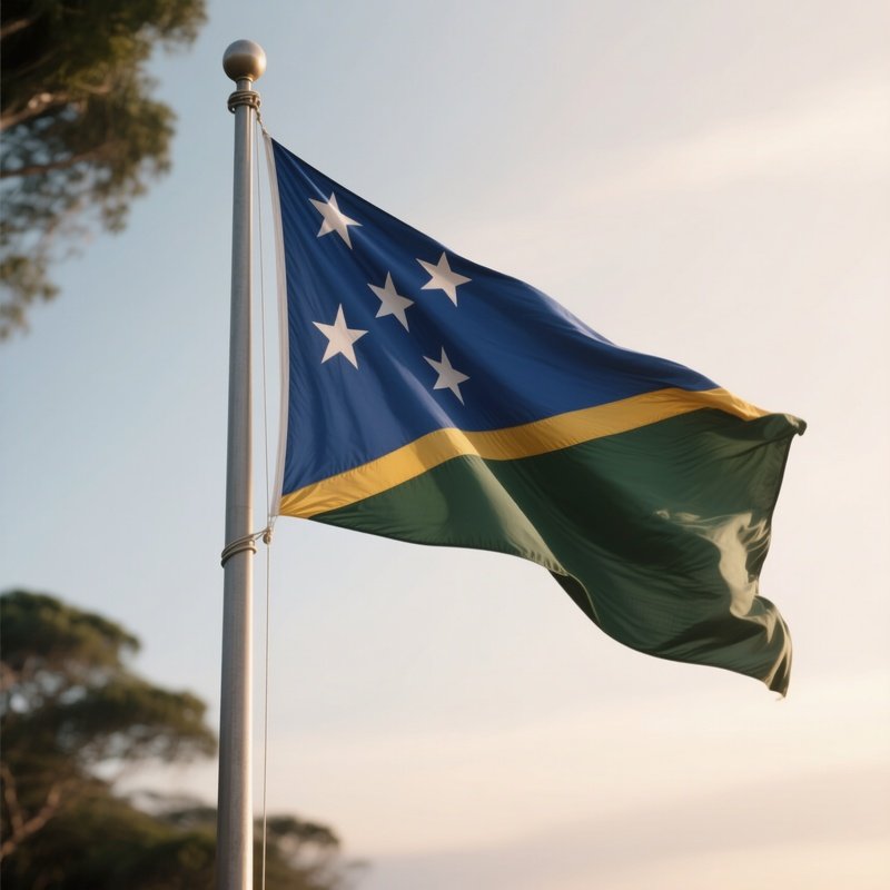 A Photorealistic Scene Of The National Flag Of Solomon Islands Flying At Half Mast On A Tall Flagpole, Gently Lowering In The Wind Against A Respectful, Calm Backdrop With Soft Natural Lighting.