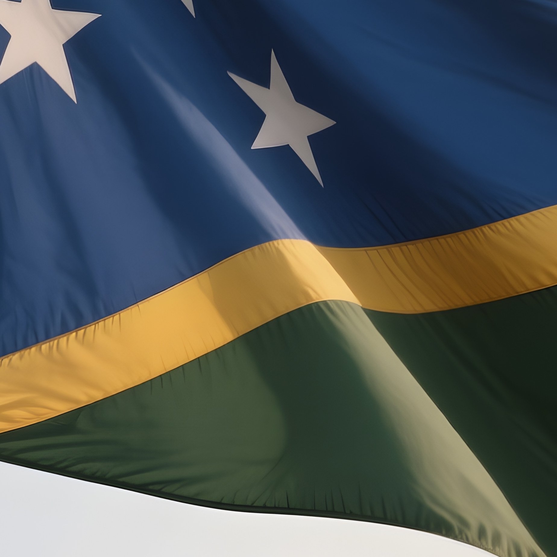 A Photorealistic Scene Of The National Flag Of Solomon Islands Flying At Half Mast On A Tall Flagpole, Gently Lowering In The Wind Against A Respectful, Calm Backdrop With Soft Natural Lighting. - Full Resolution Quality Preview