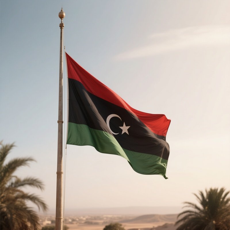 A Photorealistic Scene Of The National Flag Of Libya Flying At Half Mast On A Tall Flagpole, Gently Lowering In The Wind Against A Respectful, Calm Backdrop With Soft Natural Lighting.