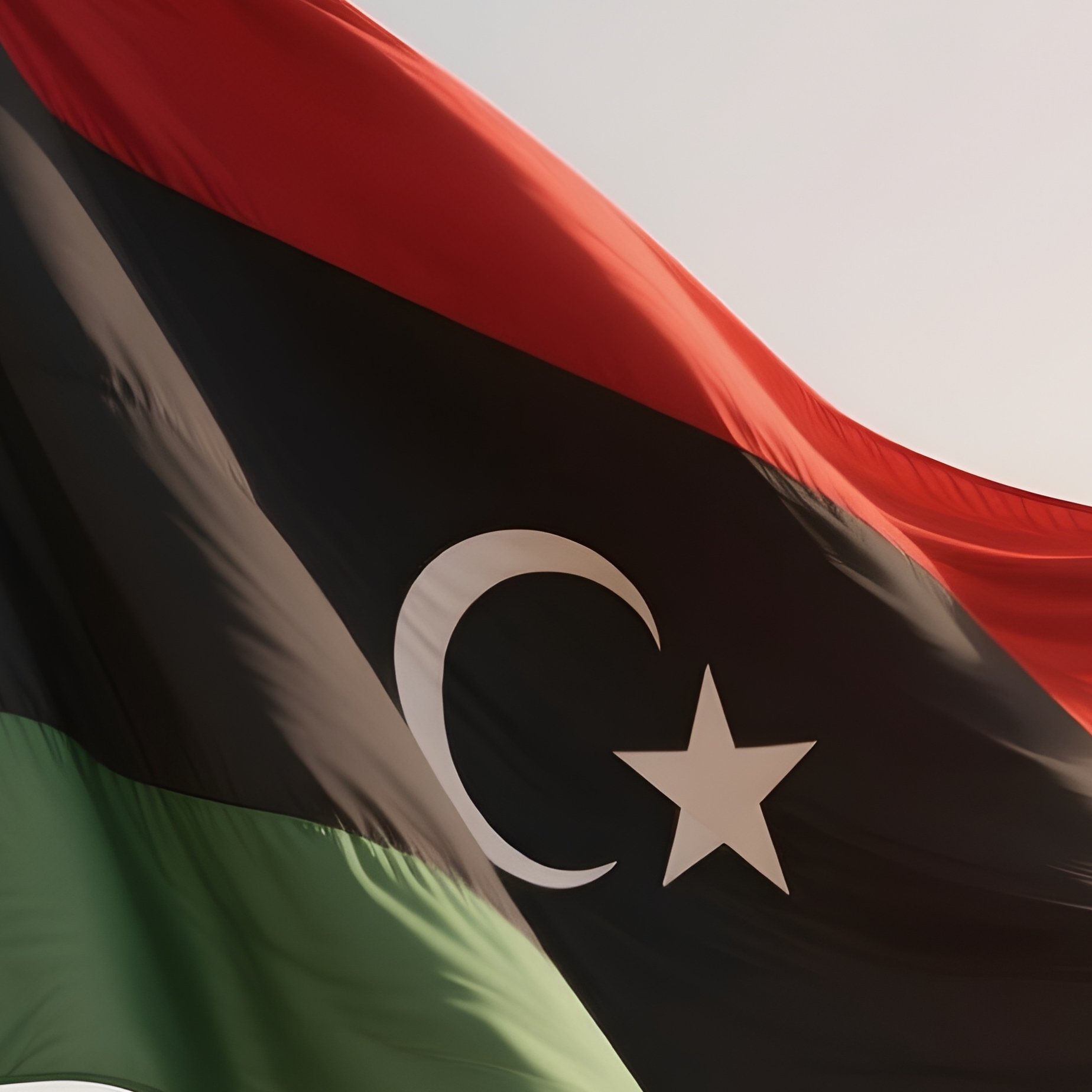 A Photorealistic Scene Of The National Flag Of Libya Flying At Half Mast On A Tall Flagpole, Gently Lowering In The Wind Against A Respectful, Calm Backdrop With Soft Natural Lighting. - Full Resolution Quality Preview
