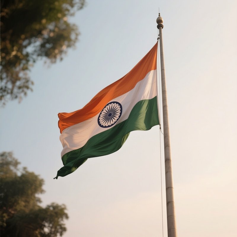 A Photorealistic Scene Of The National Flag Of India Flying At Half Mast On A Tall Flagpole, Gently Lowering In The Wind Against A Respectful, Calm Backdrop With Soft Natural Lighting.