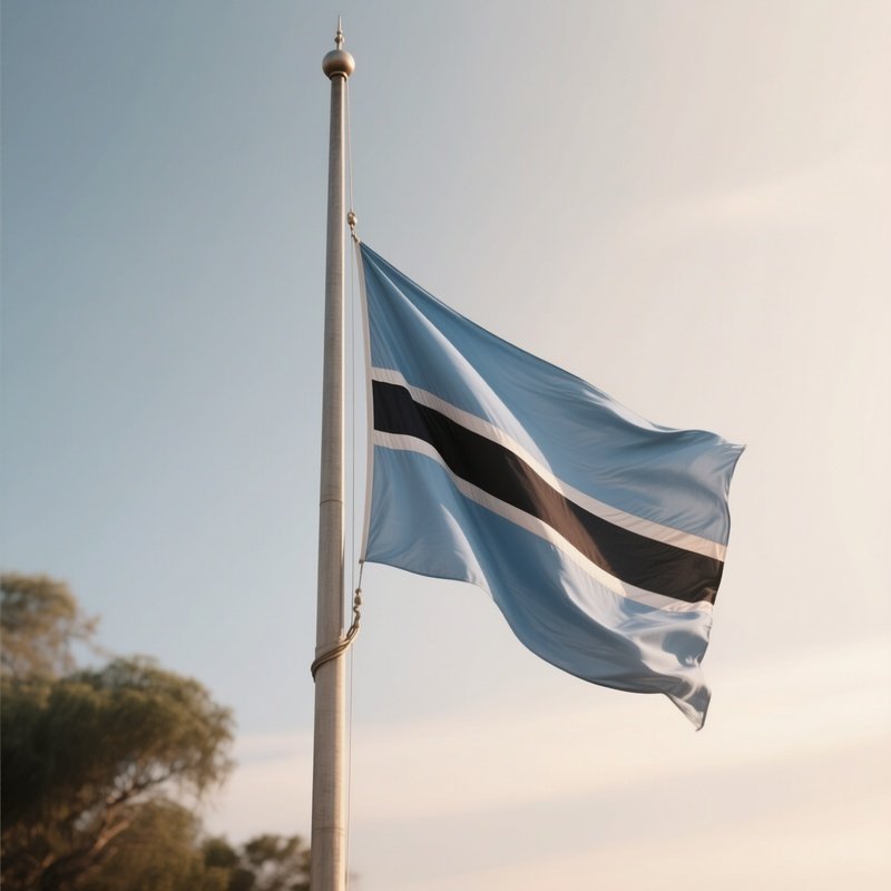 A Photorealistic Scene Of The National Flag Of Botswana Flying At Half Mast On A Tall Flagpole, Gently Lowering In The Wind Against A Respectful, Calm Backdrop With Soft Natural Lighting.
