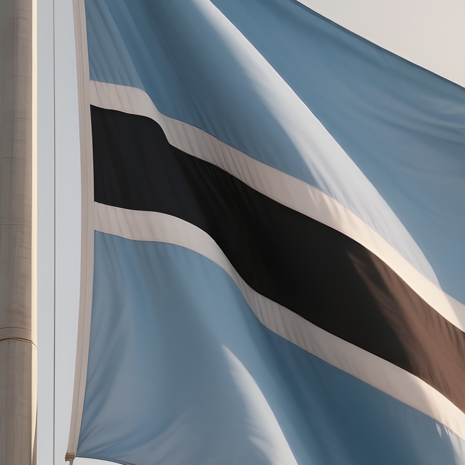 A Photorealistic Scene Of The National Flag Of Botswana Flying At Half Mast On A Tall Flagpole, Gently Lowering In The Wind Against A Respectful, Calm Backdrop With Soft Natural Lighting. - Full Resolution Quality Preview