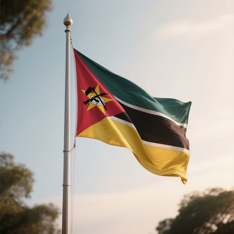 A Photorealistic Scene Of The National Flag Of Mozambique Flying At Half Mast On A Tall Flagpole, Gently Lowering In The Wind Against A Respectful, Calm Backdrop With Soft Natural Lighting.