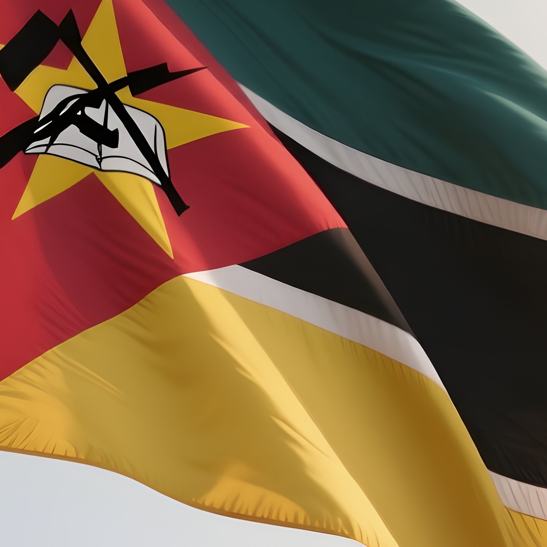 A Photorealistic Scene Of The National Flag Of Mozambique Flying At Half Mast On A Tall Flagpole, Gently Lowering In The Wind Against A Respectful, Calm Backdrop With Soft Natural Lighting. - Full Resolution Quality Preview