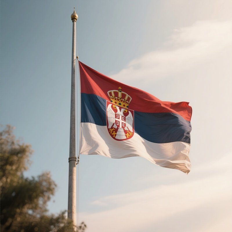 A Photorealistic Scene Of The National Flag Of Serbia Flying At Half Mast On A Tall Flagpole, Gently Lowering In The Wind Against A Respectful, Calm Backdrop With Soft Natural Lighting.