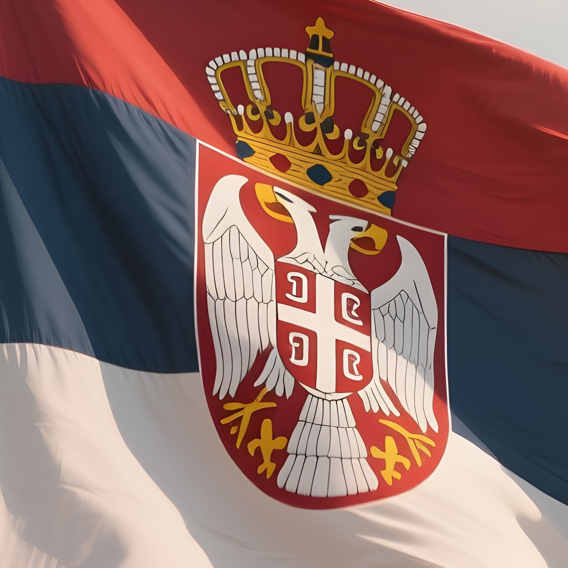 A Photorealistic Scene Of The National Flag Of Serbia Flying At Half Mast On A Tall Flagpole, Gently Lowering In The Wind Against A Respectful, Calm Backdrop With Soft Natural Lighting. - Full Resolution Quality Preview