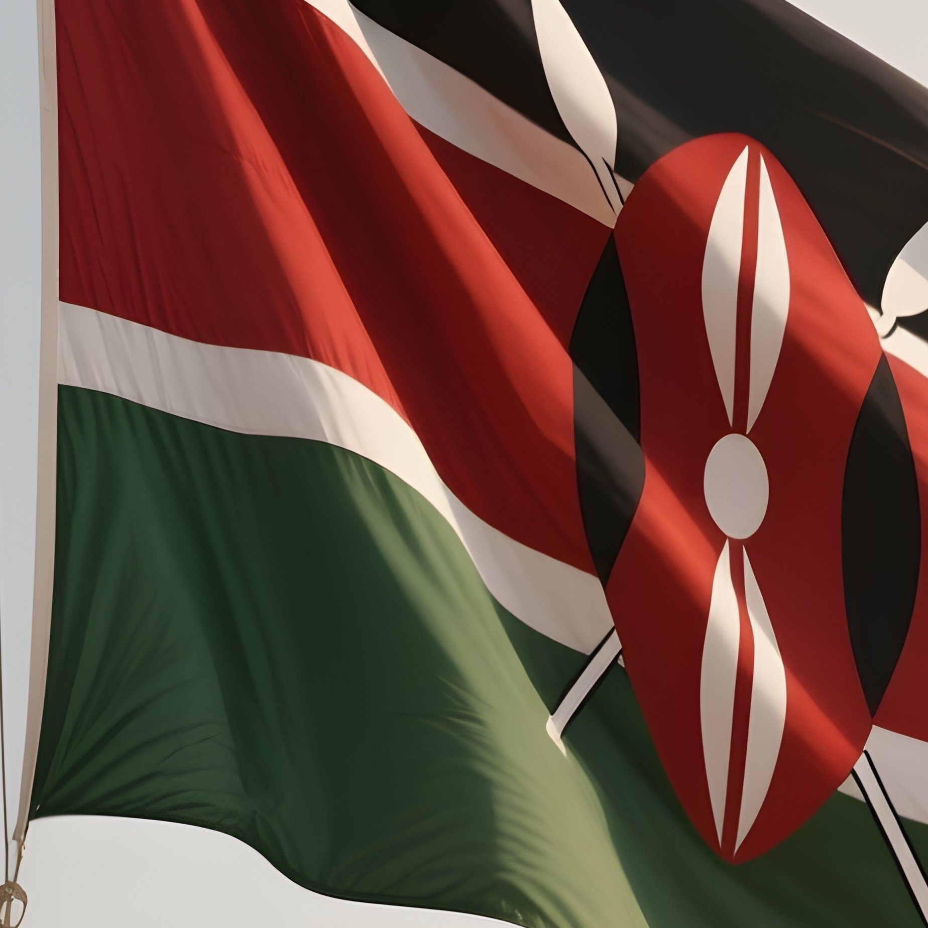 A Photorealistic Scene Of The National Flag Of Kenya Flying At Half Mast On A Tall Flagpole, Gently Lowering In The Wind Against A Respectful, Calm Backdrop With Soft Natural Lighting. - Full Resolution Quality Preview