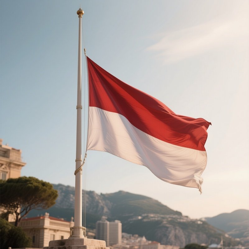 A Photorealistic Scene Of The National Flag Of Monaco Flying At Half Mast On A Tall Flagpole, Gently Lowering In The Wind Against A Respectful, Calm Backdrop With Soft Natural Lighting.