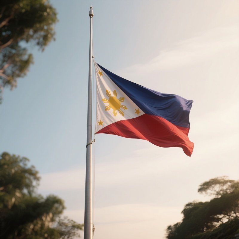 A Photorealistic Scene Of The National Flag Of Philippines Flying At Half Mast On A Tall Flagpole, Gently Lowering In The Wind Against A Respectful, Calm Backdrop With Soft Natural Lighting.
