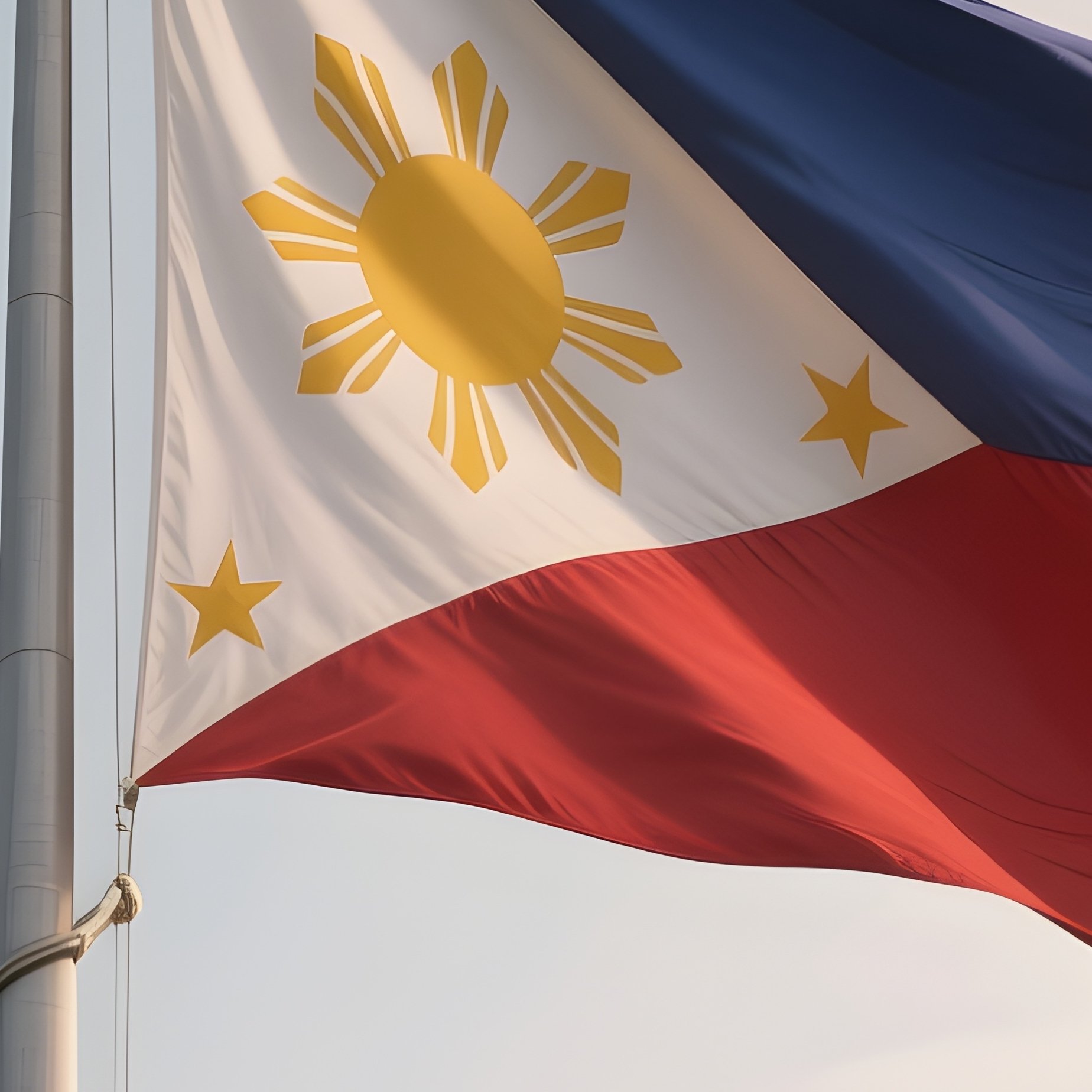 A Photorealistic Scene Of The National Flag Of Philippines Flying At Half Mast On A Tall Flagpole, Gently Lowering In The Wind Against A Respectful, Calm Backdrop With Soft Natural Lighting. - Full Resolution Quality Preview